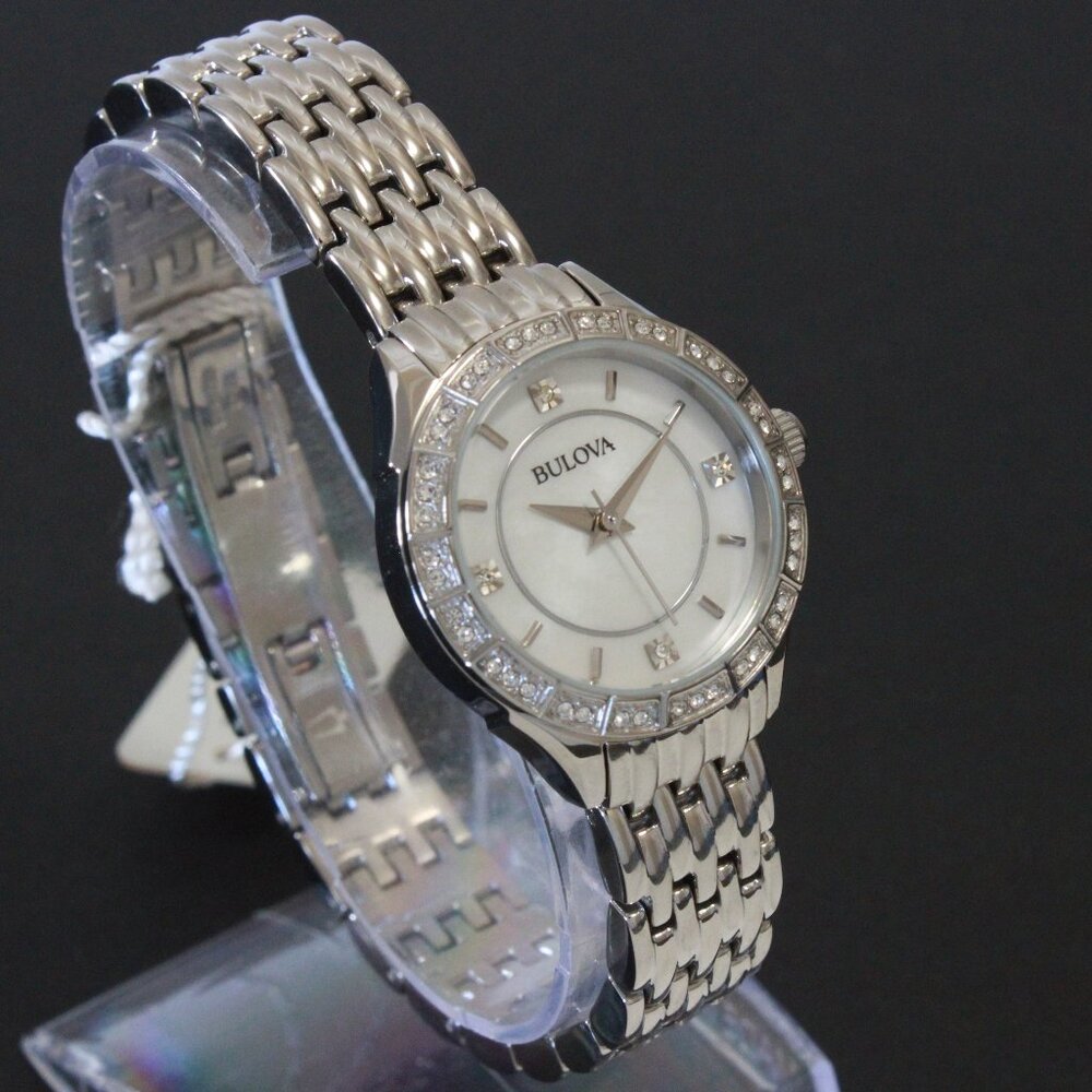 Bulova Ladies Crystal Bezel Watch MOP Dial Crystal Indicese 27mm - Picture 2 of 13